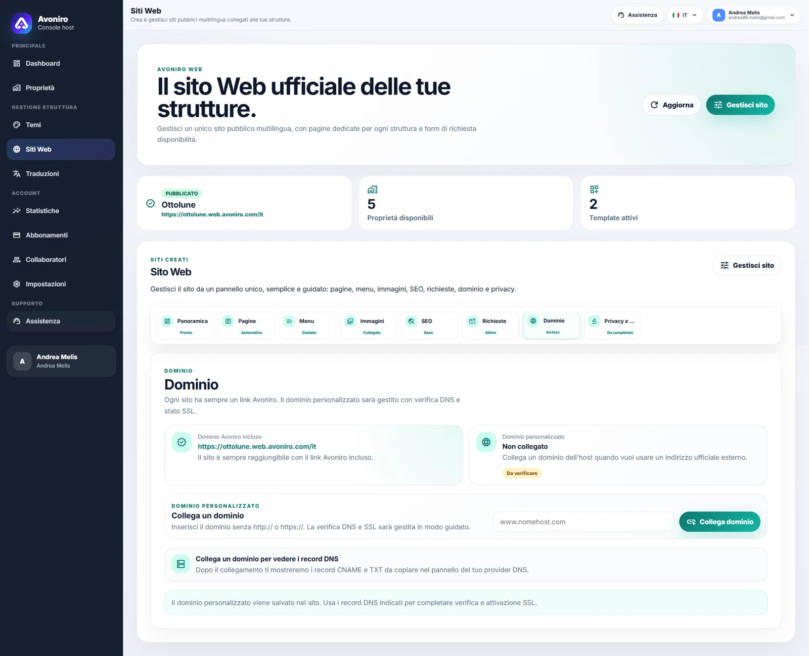 Gestione dominio personalizzato in Avoniro Web