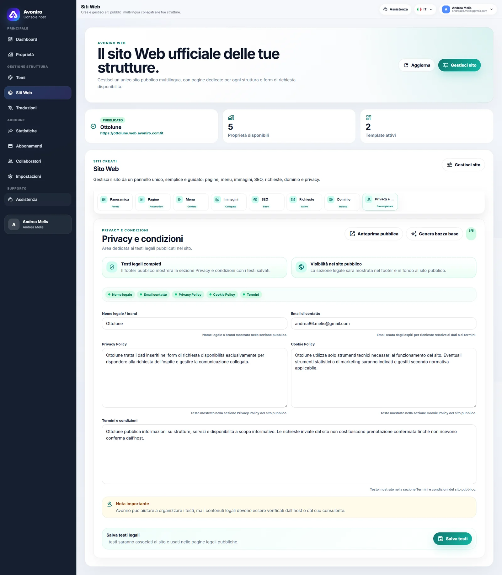 Gestione privacy, cookie e termini del sito