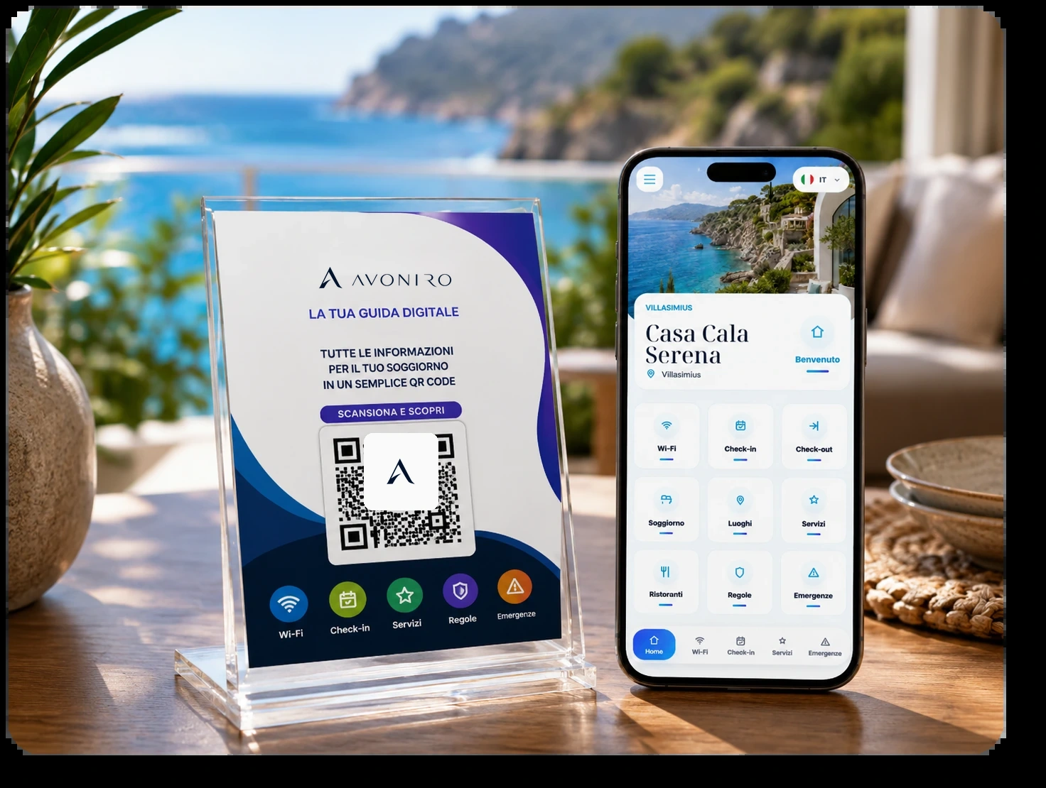 Avoniro QR code brochure on a table next to a smartphone displaying the digital guest guide