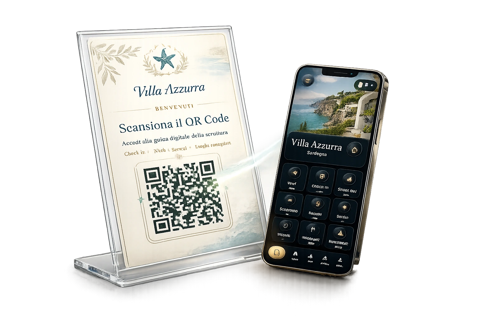 Espositore QR Avoniro e guida digitale per ospiti su smartphone